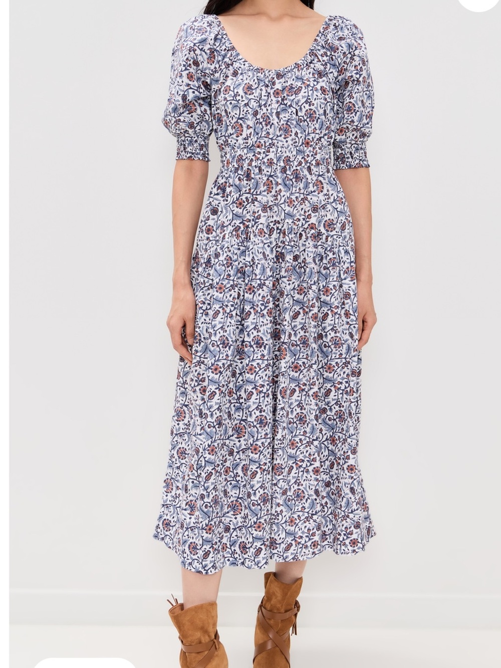 MAREA Abby Cornucopia Floral Block Print Puff Sleeve Midi Dress NWT Sz S